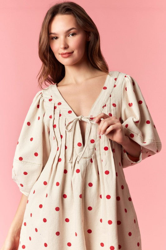 Cream and Red Polka Dot Denim Romper