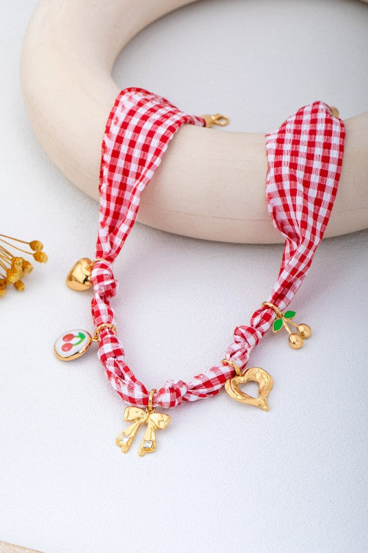 Red Gingham Scarf Necklace