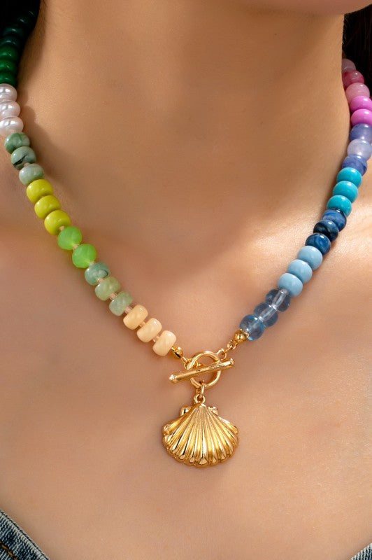 Rainbow Beaded Shell Charm Necklace