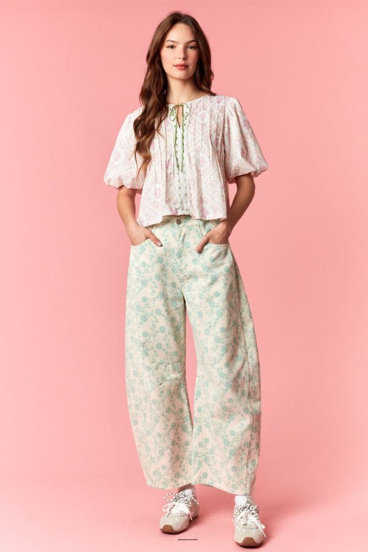 Floral Twill Barrel Jeans