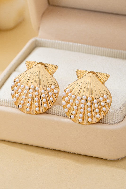 Scalloped Shell Pearl Stud Earrings