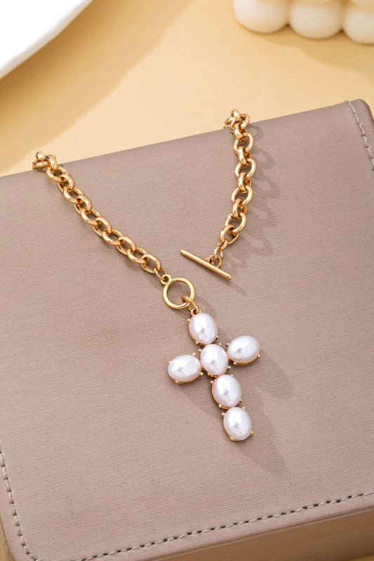 Large Pearl Cross Toggle Necklace