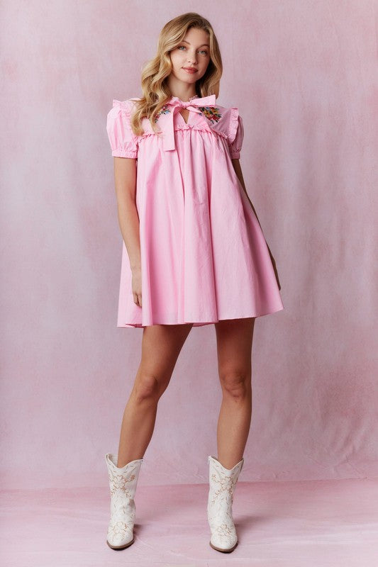 Pink Simple and Sweet Embroidered Dress