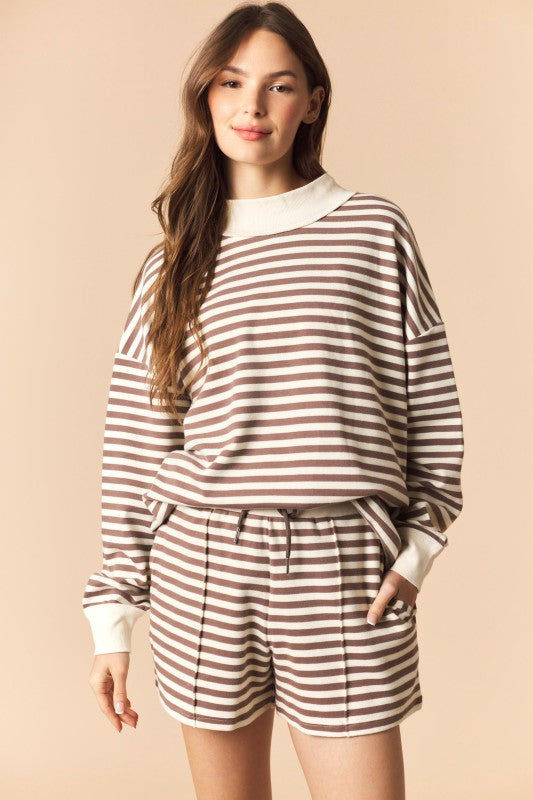 Mocha and Cream Mock Neck Sweatshirt and Shorts Set