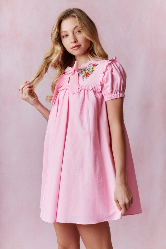 Pink Simple and Sweet Embroidered Dress