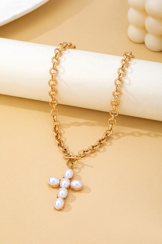 Large Pearl Cross Toggle Necklace
