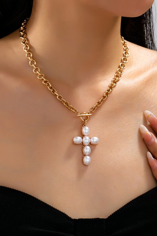 Large Pearl Cross Toggle Necklace