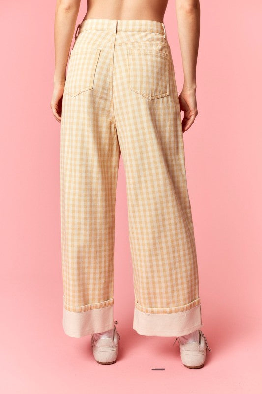 Butter Yellow Gingham Cuffed Jeans