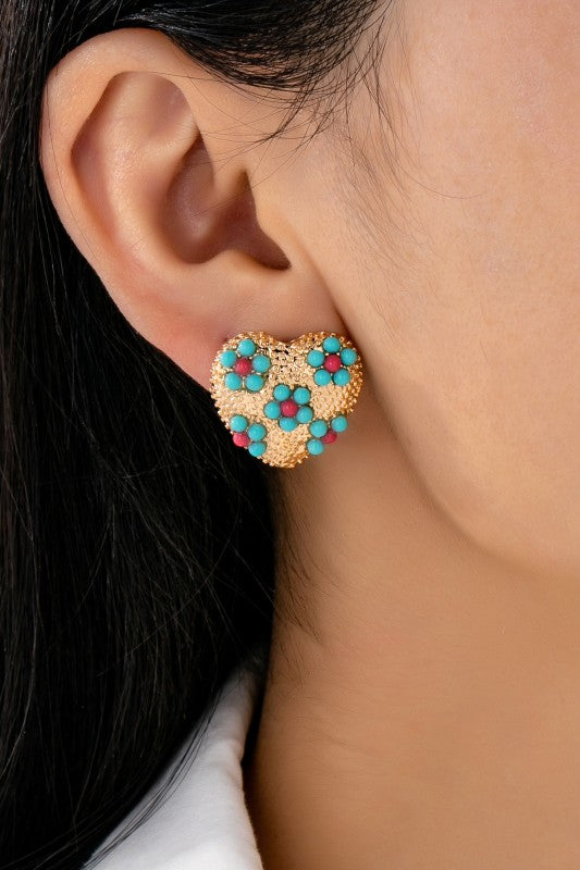 Turquoise floral heart studs