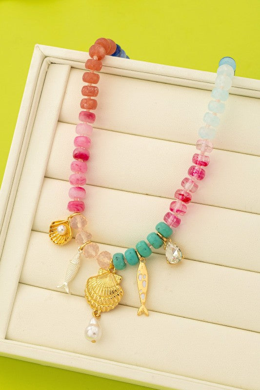Salmon and Seashells Multi-Color Beaded Necklace