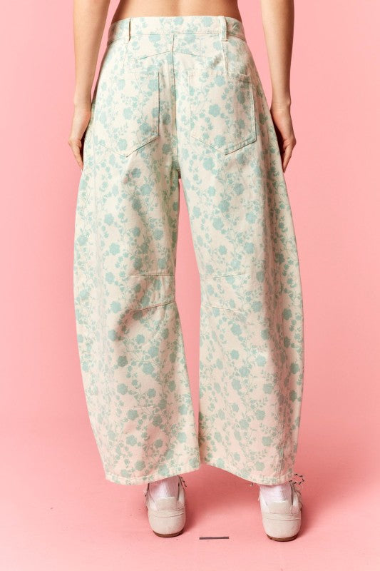 Floral Twill Barrel Jeans