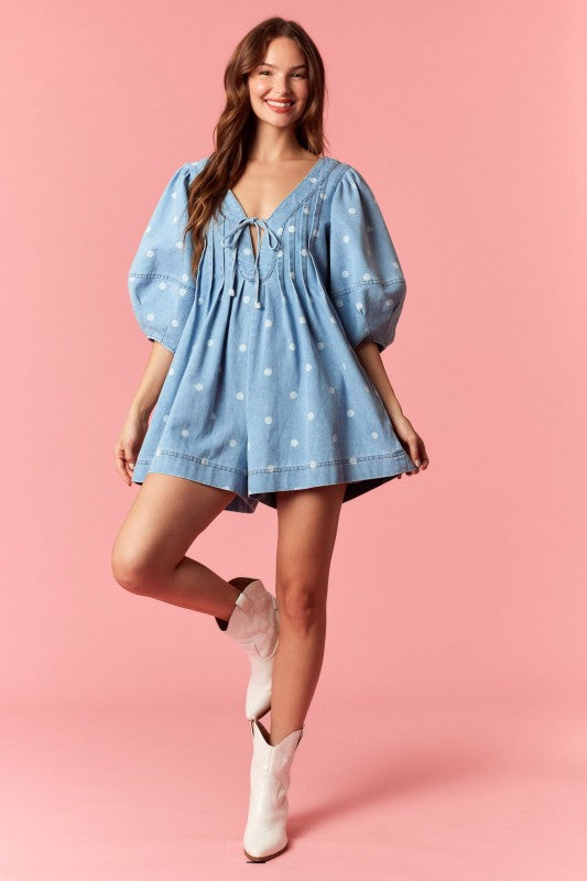 Polka Dot Denim Romper