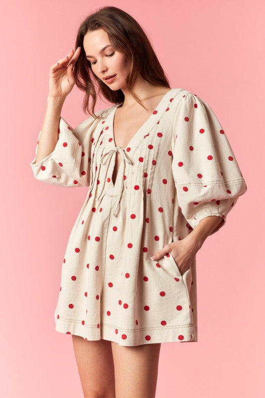 Cream and Red Polka Dot Denim Romper