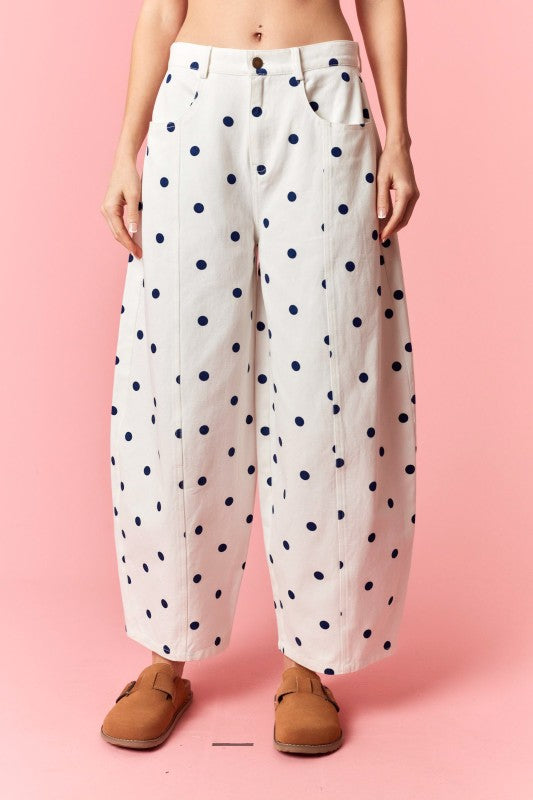 Polka dot wide leg denim pants