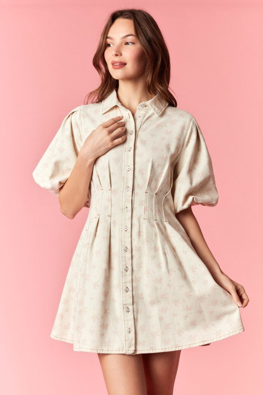 Floral and Denim Bubble Sleeve Dress