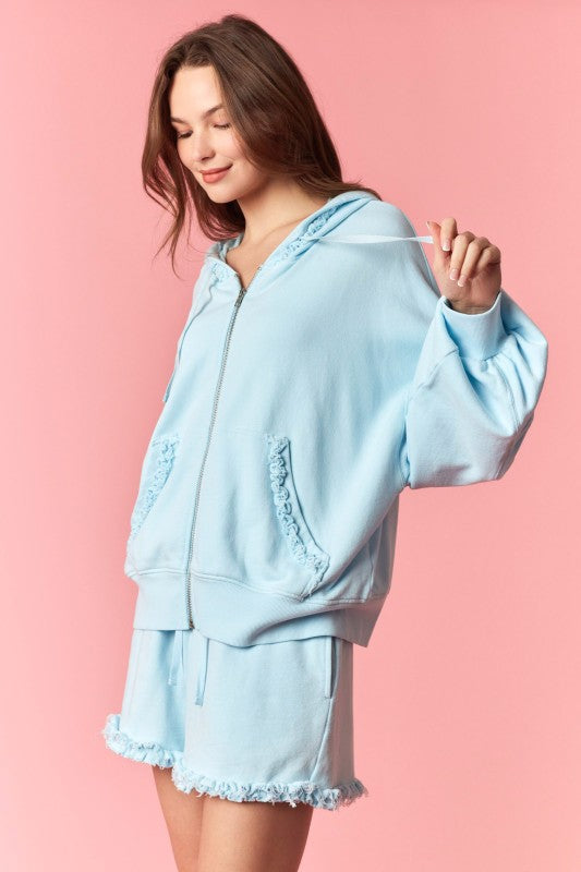 Ruffle Edge Hoodie & Shorts Set