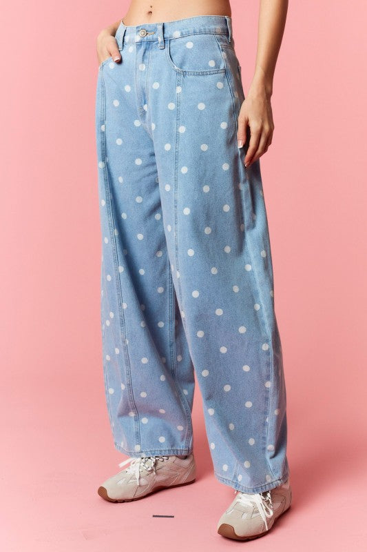 Washed Denim Polka Dot Barrel Jeans