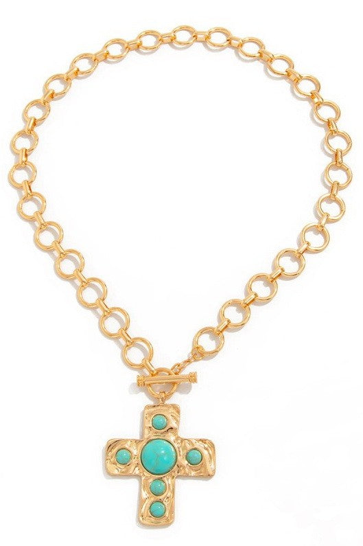 Hammered Cross Toggle Turquoise Necklace