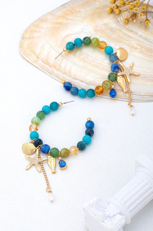 Blue as the Sea Beaded Hoop Earrings