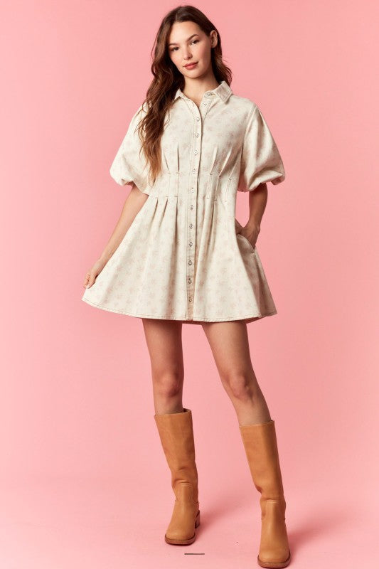 Floral and Denim Bubble Sleeve Dress