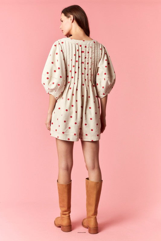 Cream and Red Polka Dot Denim Romper