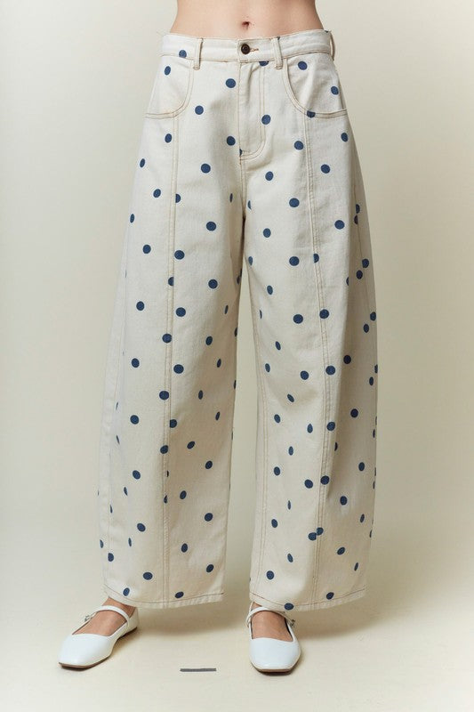 Polka dot wide leg denim pants