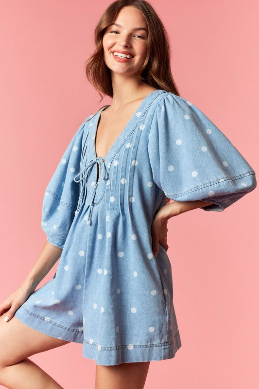 Polka Dot Denim Romper