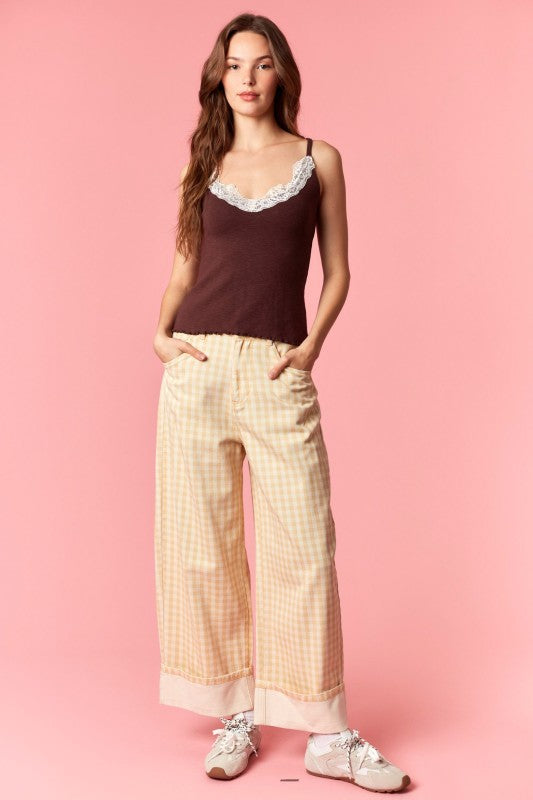 Butter Yellow Gingham Cuffed Jeans