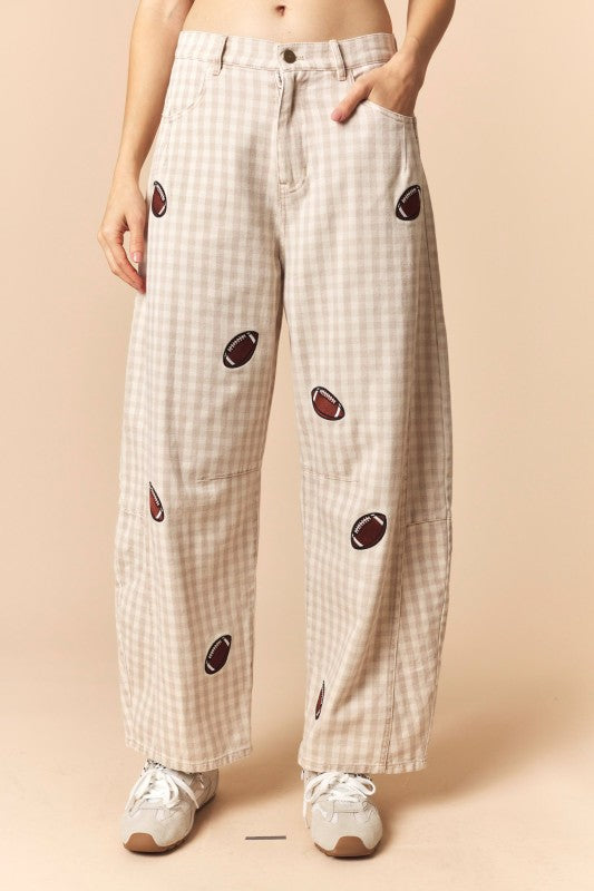 Football Patched Gingham Barrel Pants