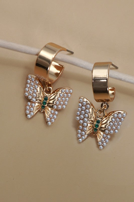 Pearl pave butterfly drop huggie hoop earrings