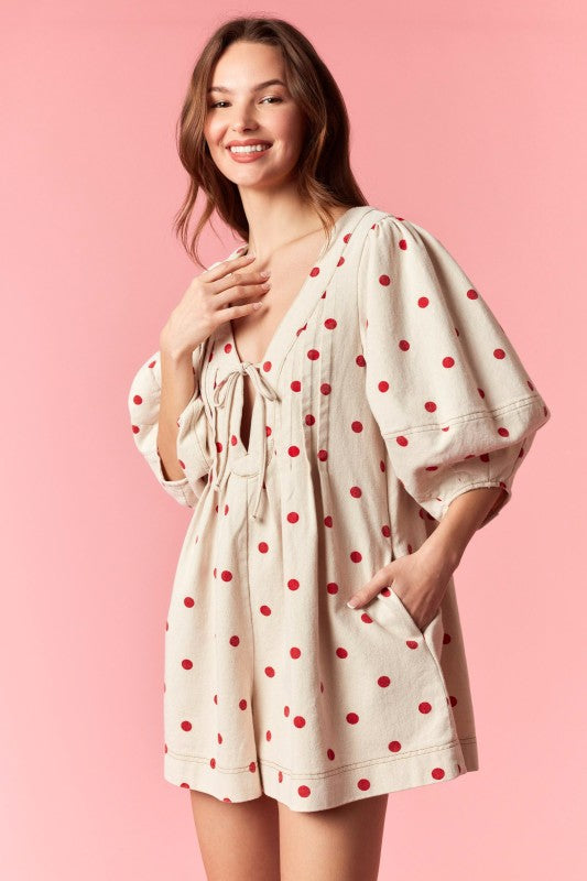 Cream and Red Polka Dot Denim Romper