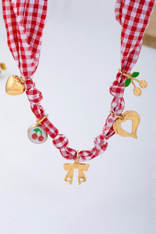 Red Gingham Scarf Necklace
