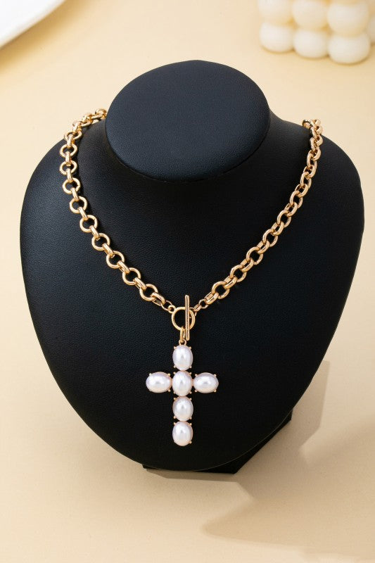 Large Pearl Cross Toggle Necklace