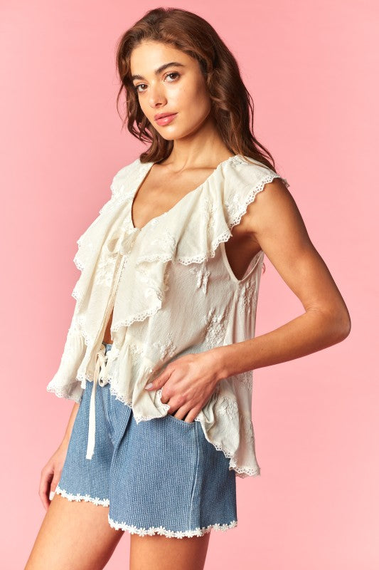 Embroidered Lace Ruffle Tie Top