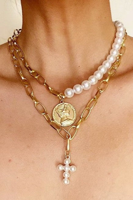 Coin and Cross Stacked Necklace