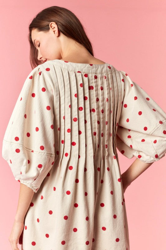 Cream and Red Polka Dot Denim Romper