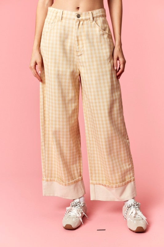 Butter Yellow Gingham Cuffed Jeans