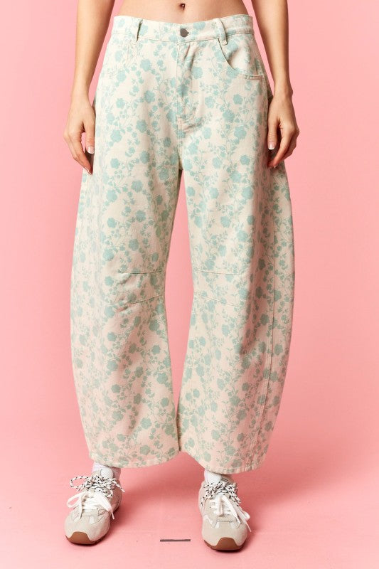 Floral Twill Barrel Jeans