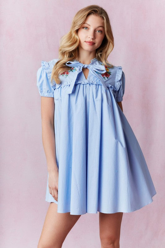 Blue Simple and Sweet Embroidered Dress