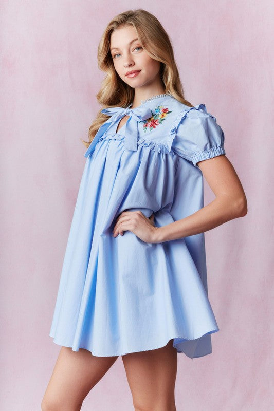 Blue Simple and Sweet Embroidered Dress
