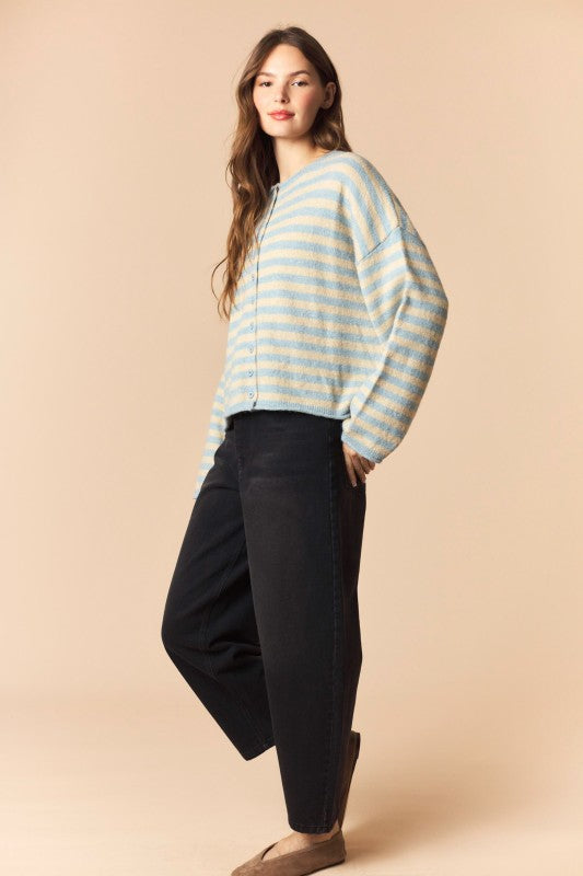 Dusty Blue and Ecru Oversized Striped Cardigan