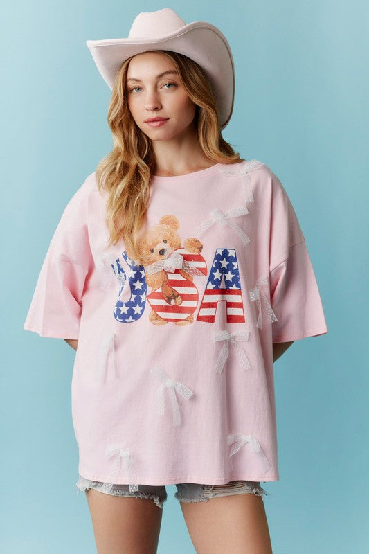 Ribbons and bears USA pink tee