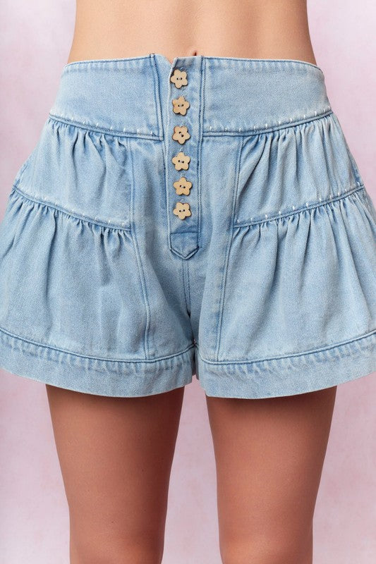 Spring Flowers Tiered Denim Shorts