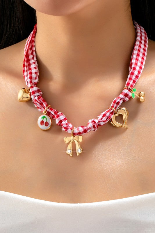 Red Gingham Scarf Necklace