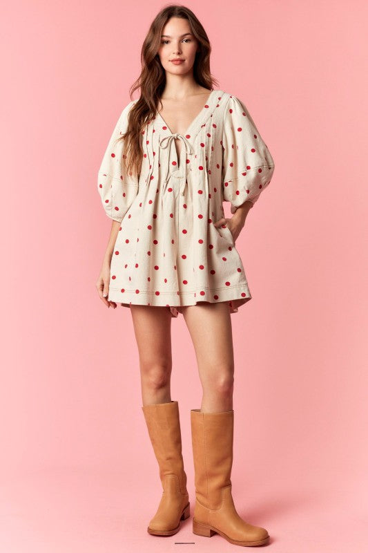 Cream and Red Polka Dot Denim Romper