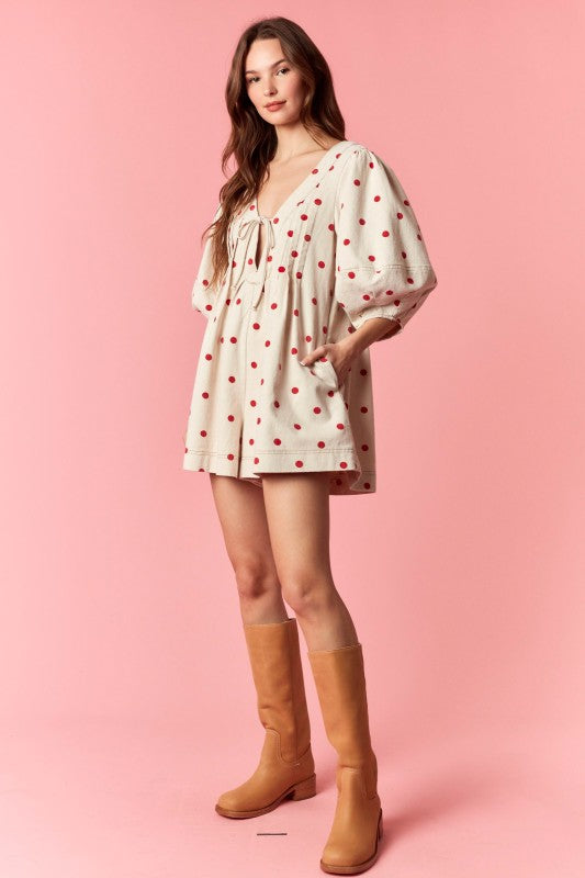 Cream and Red Polka Dot Denim Romper